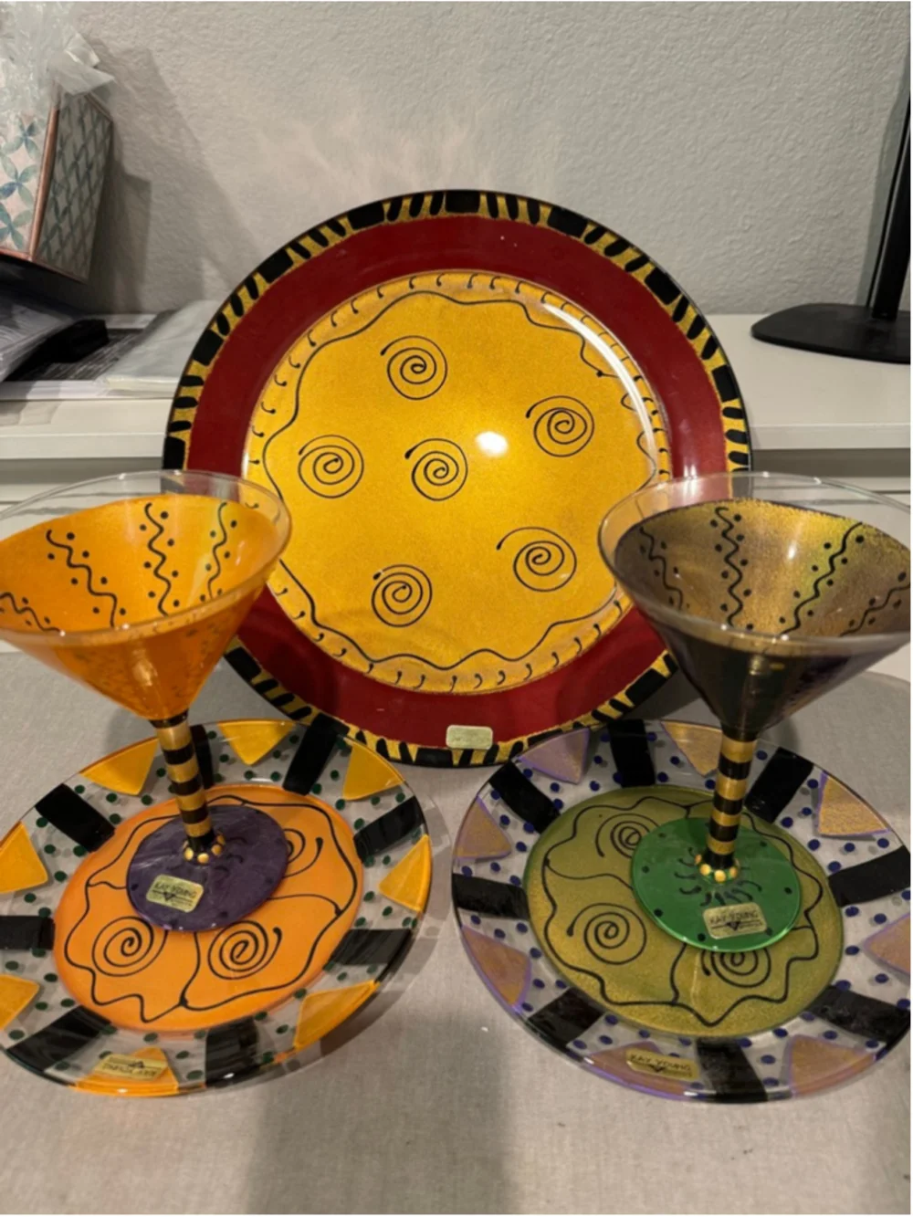 Kay Young serveware decor 5 piece Set Gold Red Black Martini Glasses Plates